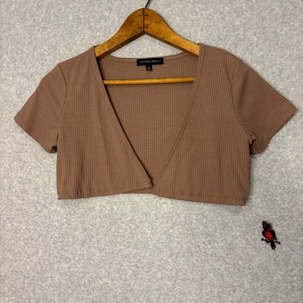 Cotton Candy LA Womens Small Cropped Ribbed Open Cardigan Top Brown Short Sleeve